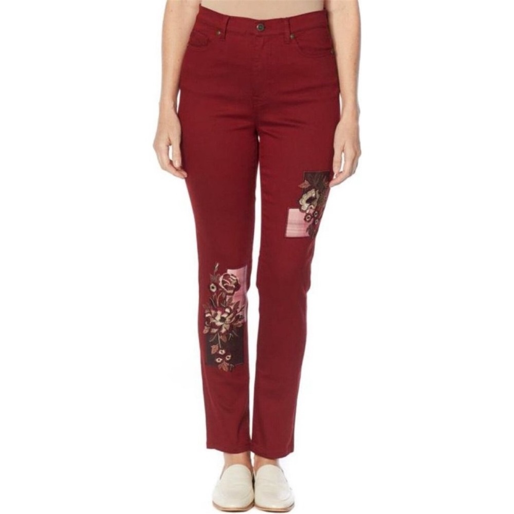 NEW! DG2 Diane Gilman Stretch Embroidered Patched Skinny Jeans, Wine 8P, 10T, 14